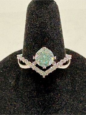Silver-Tone Round Moissanite Solitaire and Chevron Accent Ring in White